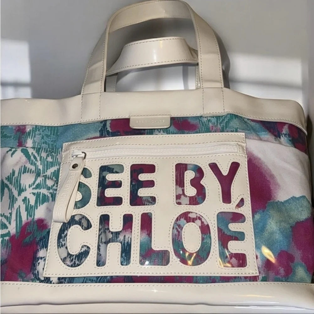 See By Chloe Multicolor Tote Bag PVC LEATHER FABRIC Floral Spring Summer Travel - Picture 5 of 12